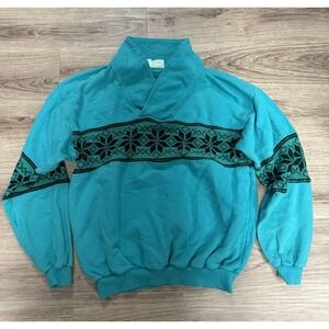 Vintage Sweatshirt Size L‎ Blue Geometric Aztec Pullover USA 80s